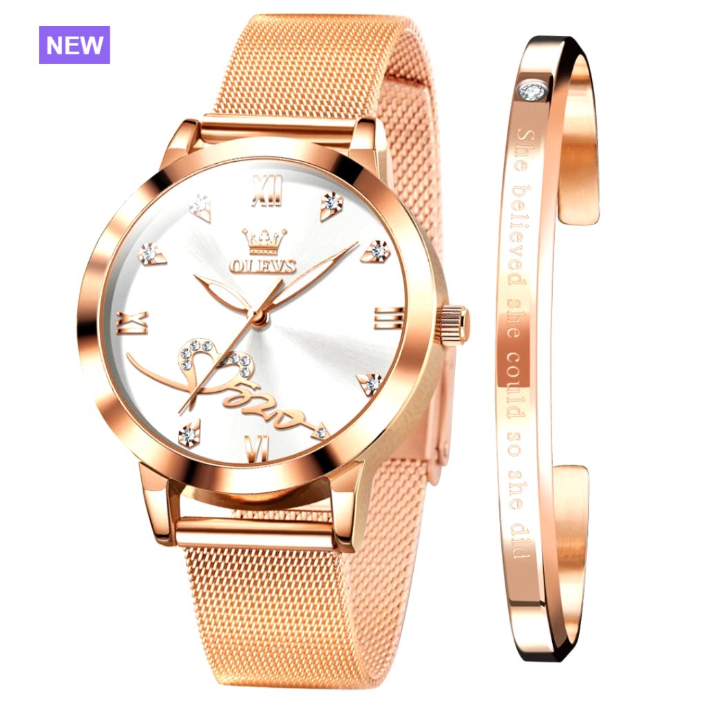 Rose Gold Mesh Strap Watch With Hearts Japanese Quartz Waterproof Luminous